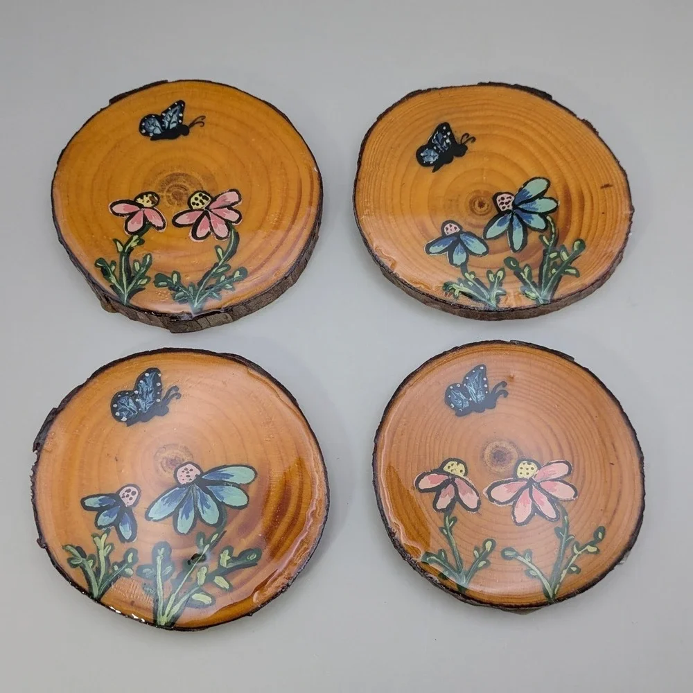 Hand Painted‎ Wood Slice Coasters Set of 4 Floral Butterfly Live Edge Rustic Art